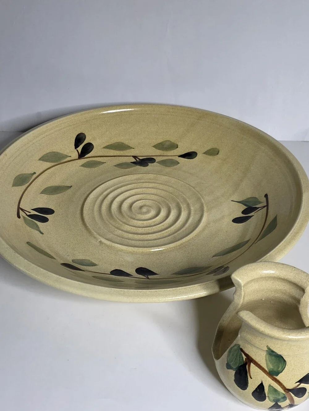 Contemporary Pottery Olive painted large bowl / Platter & Matching Napkin caddy